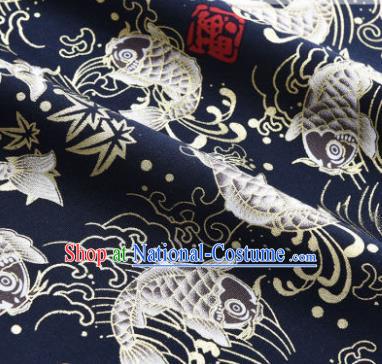 Asian Japanese Classical Carp Pattern Design Navy Silk Fabric Traditional Kimono Brocade Material