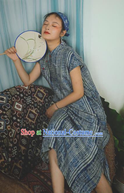 Chinese Traditional Navy Qipao Dress National Costume Cheongsam for Women