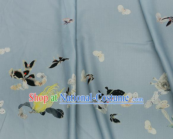 Asian Chinese Classical Printing Butterfly Pattern Design Blue Silk Fabric Traditional Hanfu Brocade Material