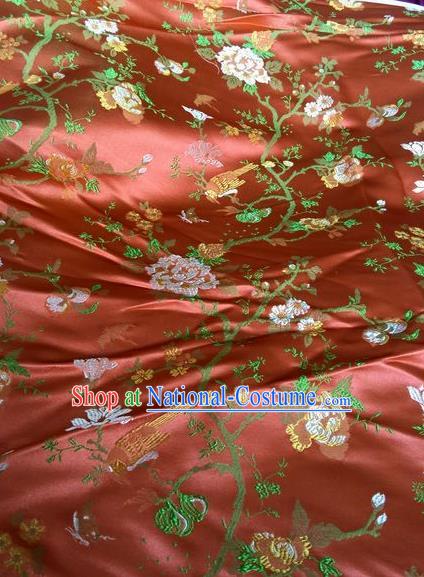 Asian Chinese Classical Peony Bird Pattern Design Red Silk Fabric Traditional Nanjing Brocade Material