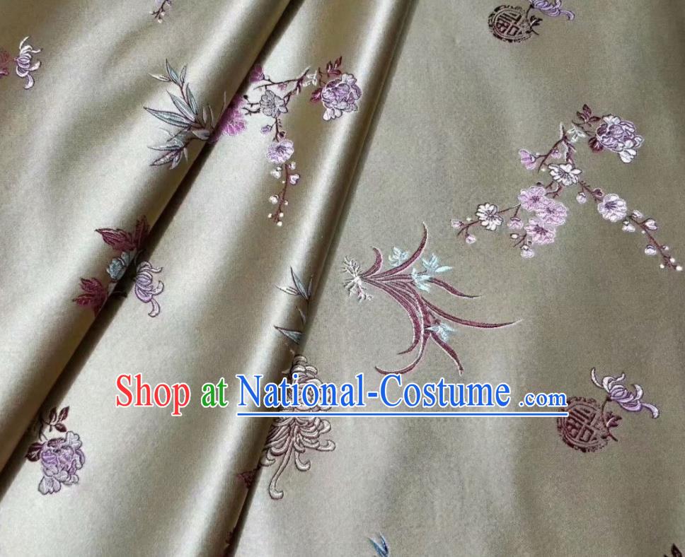 Asian Chinese Classical Plum Orchid Bamboo Chrysanthemum Pattern Design Light Golden Silk Fabric Traditional Nanjing Brocade Material