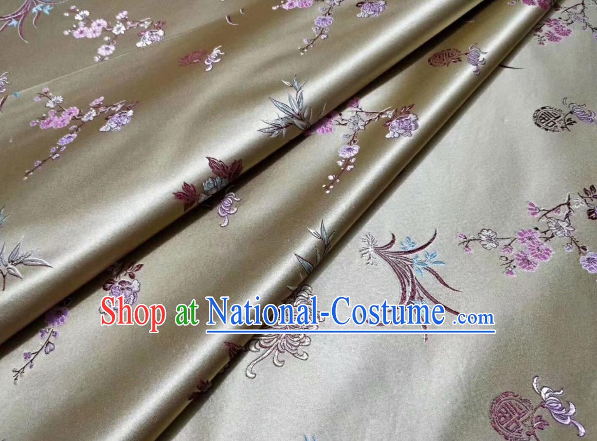 Asian Chinese Classical Plum Orchid Bamboo Chrysanthemum Pattern Design Light Golden Silk Fabric Traditional Nanjing Brocade Material