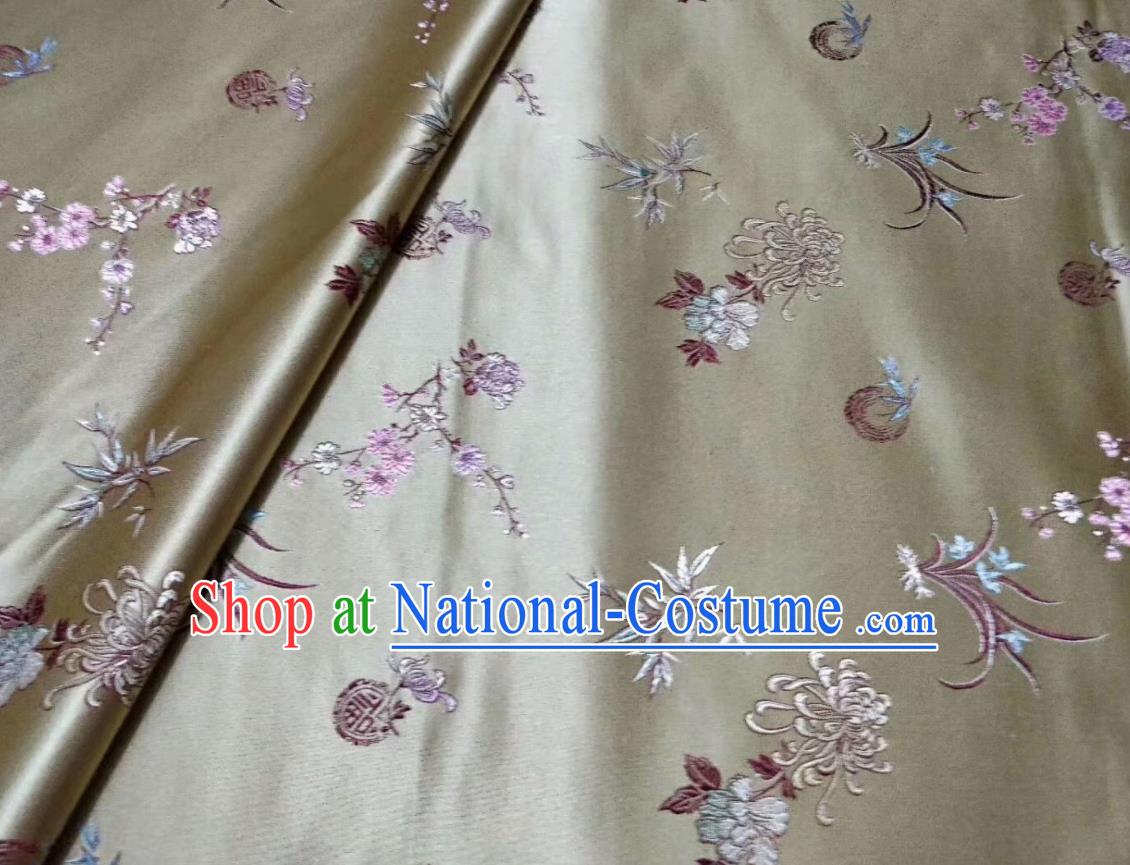 Asian Chinese Classical Plum Orchid Bamboo Chrysanthemum Pattern Design Light Golden Silk Fabric Traditional Nanjing Brocade Material