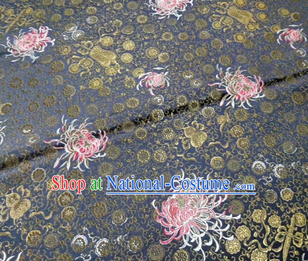 Asian Chinese Classical Chrysanthemum Pattern Design Grey Silk Fabric Traditional Nanjing Brocade Material