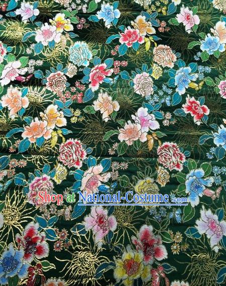 Asian Chinese Classical Peony Chrysanthemum Pattern Design Green Silk Fabric Traditional Nanjing Brocade Material