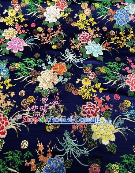 Asian Chinese Classical Peony Plum Orchid Pattern Design Navy Silk Fabric Traditional Nanjing Brocade Material