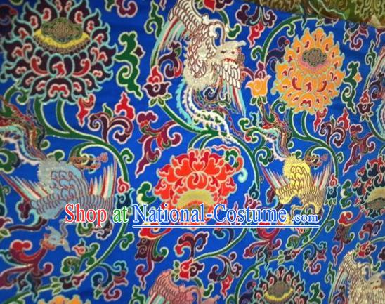 Asian Chinese Classical Phoenix Lotus Pattern Design Blue Silk Fabric Traditional Nanjing Brocade Material