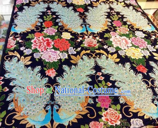 Asian Chinese Classical Peacock Peony Pattern Design Black Silk Fabric Traditional Nanjing Brocade Material