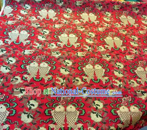 Asian Chinese Classical Peach Fish Pattern Design Red Silk Fabric Traditional Nanjing Brocade Material