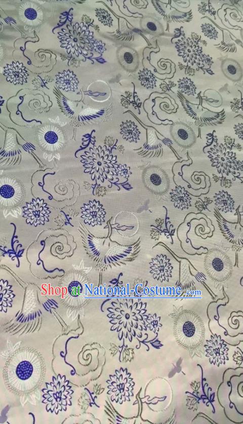 Asian Chinese Classical Chrysanthemum Crane Pattern Design White Silk Fabric Traditional Nanjing Brocade Material