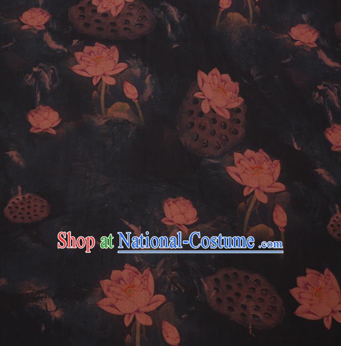 Asian Chinese Classical Lotus Pattern Design Black Watered Gauze Fabric Traditional Silk Material