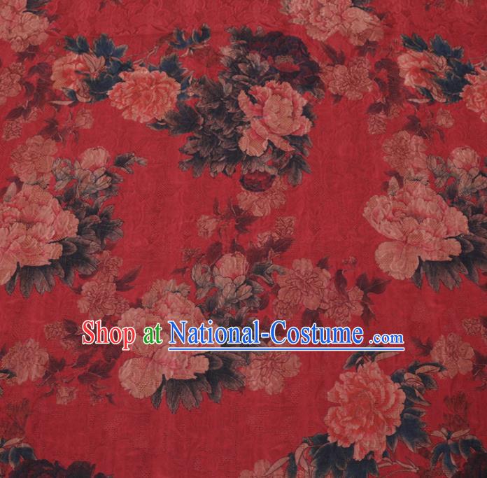 Asian Chinese Classical Peony Flowers Pattern Design Red Watered Gauze Fabric Traditional Silk Material