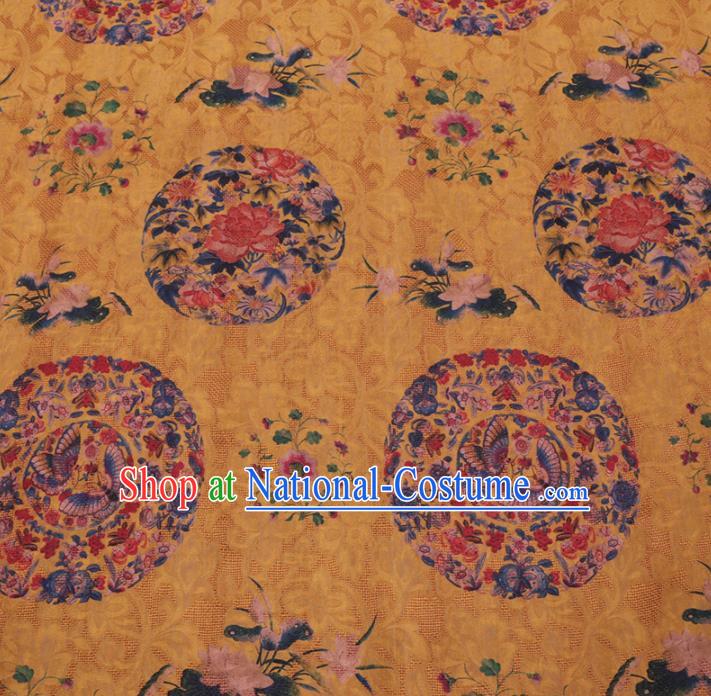 Asian Chinese Classical Butterfly Peony Pattern Design Yellow Watered Gauze Fabric Traditional Silk Material