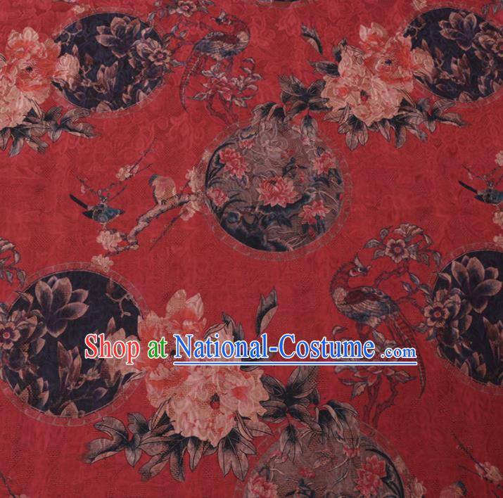 Chinese Classical Peony Plum Pattern Design Red Watered Gauze Fabric Asian Traditional Silk Material