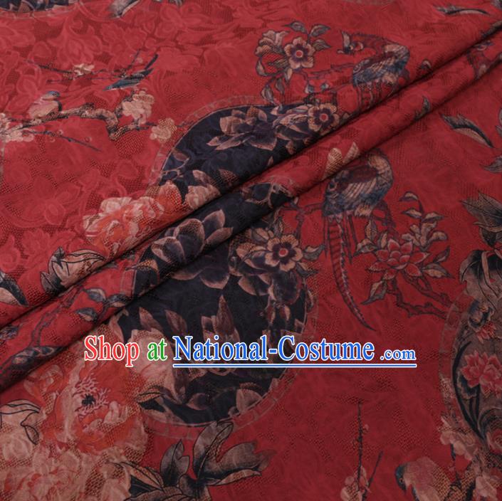 Chinese Classical Peony Plum Pattern Design Red Watered Gauze Fabric Asian Traditional Silk Material