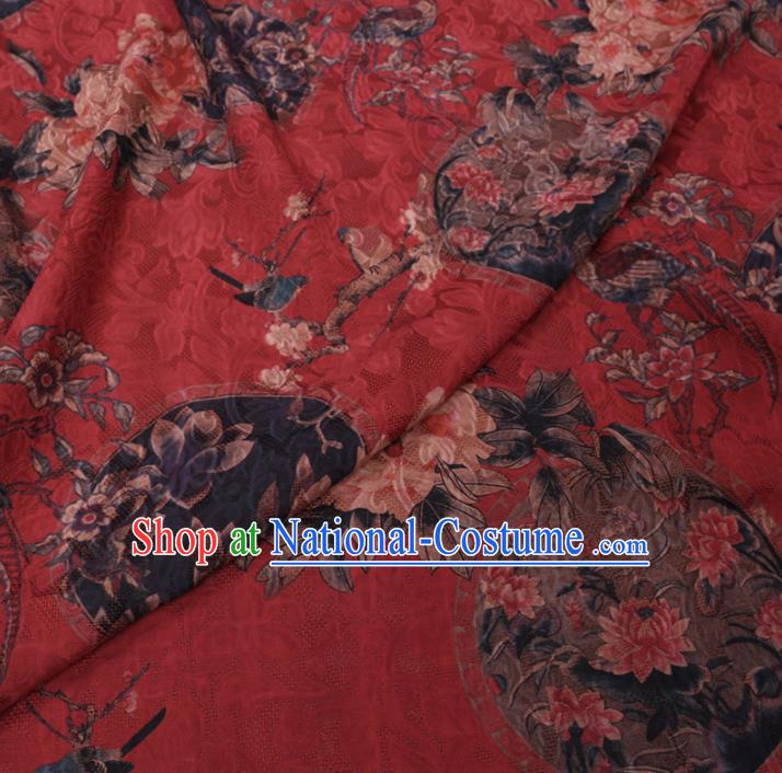 Chinese Classical Peony Plum Pattern Design Red Watered Gauze Fabric Asian Traditional Silk Material