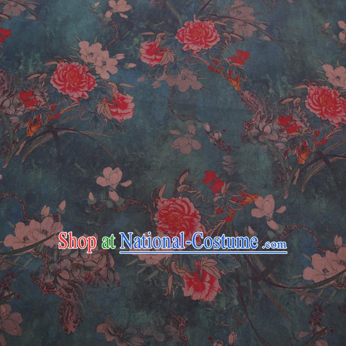 Chinese Cheongsam Classical Peony Magnolia Pattern Design Green Watered Gauze Fabric Asian Traditional Silk Material