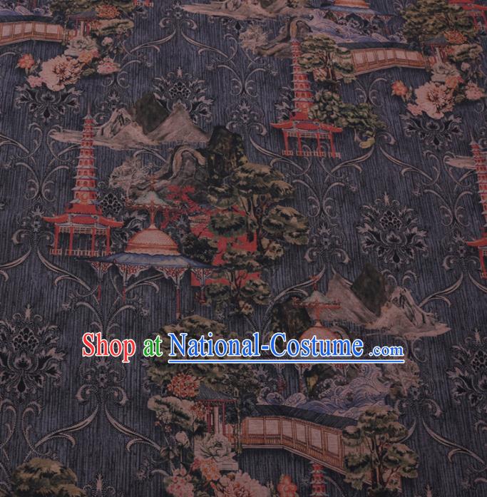 Chinese Cheongsam Classical Tower Pattern Design Grey Watered Gauze Fabric Asian Traditional Silk Material