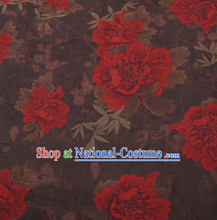 Chinese Cheongsam Classical Peony Pattern Design Brown Watered Gauze Fabric Asian Traditional Silk Material