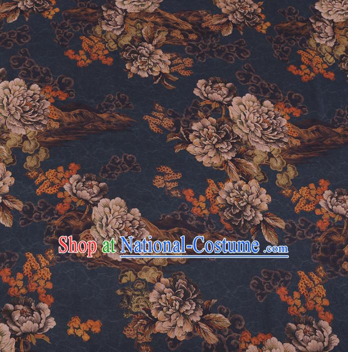 Chinese Cheongsam Classical Peony Pattern Design Navy Watered Gauze Fabric Asian Traditional Silk Material