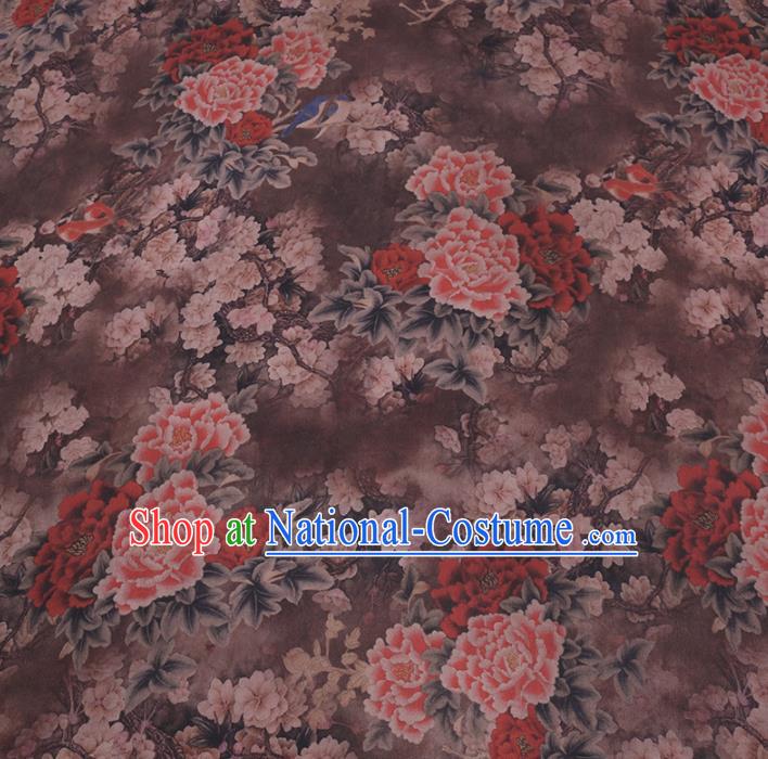 Chinese Cheongsam Classical Peony Pear Flowers Pattern Design Brown Watered Gauze Fabric Asian Traditional Silk Material