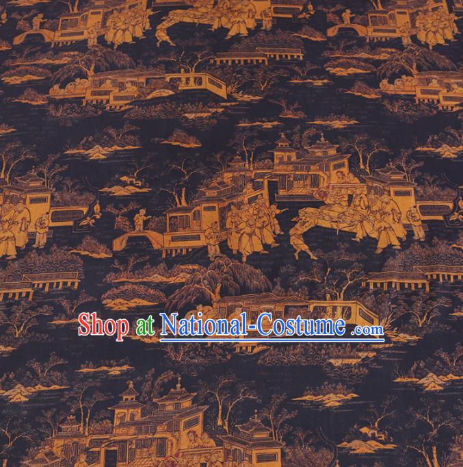 Chinese Cheongsam Classical Folklore Pattern Design Black Watered Gauze Fabric Asian Traditional Silk Material