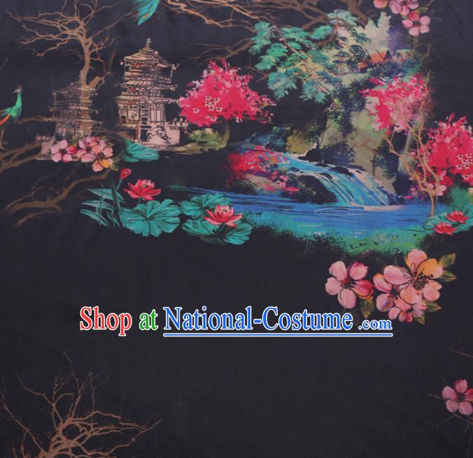 Chinese Cheongsam Classical Peach Blossom Lotus Pattern Design Black Watered Gauze Fabric Asian Traditional Silk Material