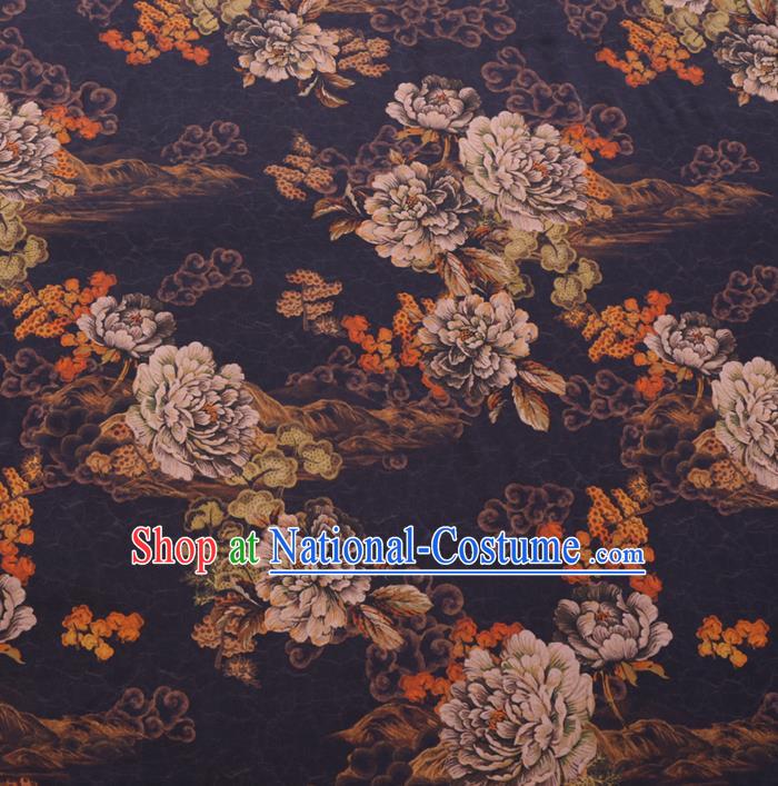 Chinese Cheongsam Classical Cloud Peony Pattern Design Black Watered Gauze Fabric Asian Traditional Silk Material