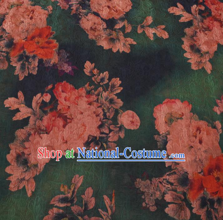 Asian Chinese Classical Peony Pattern Design Deep Green Watered Gauze Fabric Traditional Silk Material