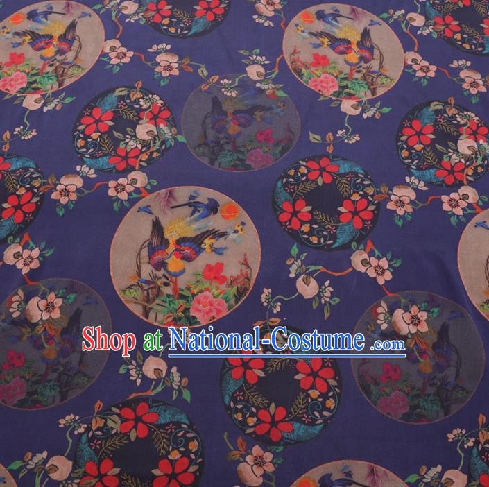 Chinese Cheongsam Classical Magpie Peony Pattern Design Deep Blue Watered Gauze Fabric Asian Traditional Silk Material