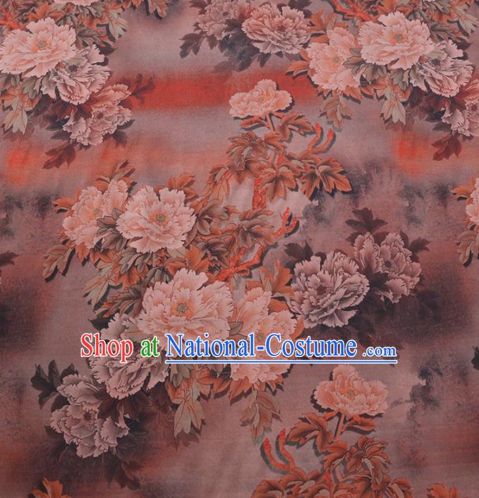 Chinese Cheongsam Classical Peony Pattern Design Khaki Watered Gauze Fabric Asian Traditional Silk Material