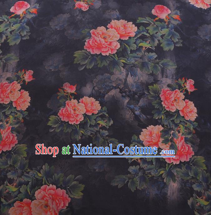 Chinese Cheongsam Classical Peony Pattern Design Navy Watered Gauze Fabric Asian Traditional Silk Material