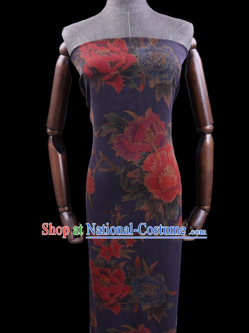 Chinese Cheongsam Classical Peony Plum Pattern Design Deep Blue Watered Gauze Fabric Asian Traditional Silk Material