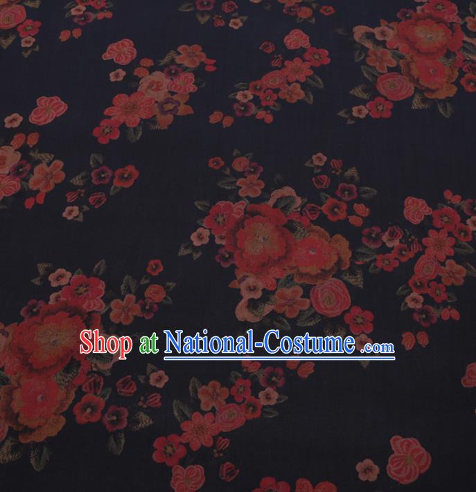 Chinese Cheongsam Classical Flowers Pattern Design Deep Blue Watered Gauze Fabric Asian Traditional Silk Material