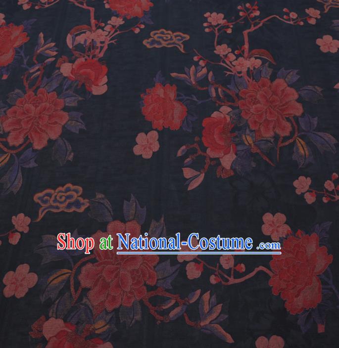 Chinese Cheongsam Classical Peony Plum Pattern Design Black Watered Gauze Fabric Asian Traditional Silk Material