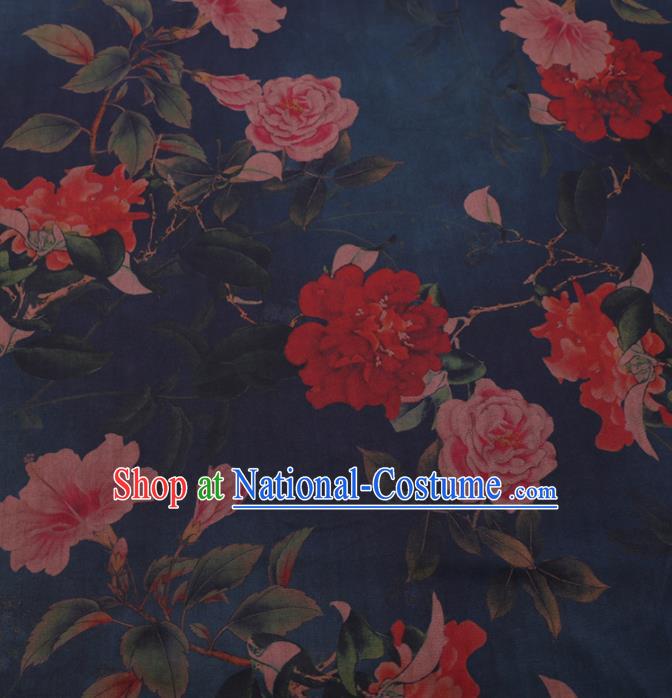 Chinese Cheongsam Classical Peony Flowers Pattern Design Navy Watered Gauze Fabric Asian Traditional Silk Material