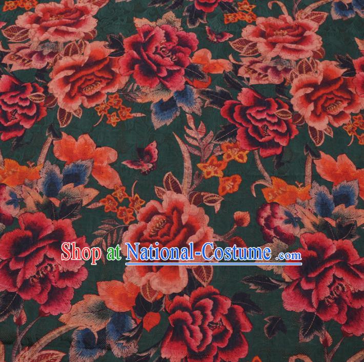 Asian Chinese Classical Peony Butterfly Pattern Design Deep Green Watered Gauze Fabric Traditional Silk Material