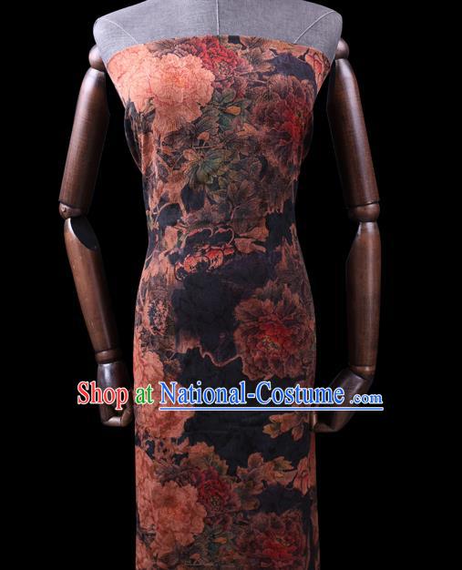 Chinese Cheongsam Classical Peony Pattern Design Black Watered Gauze Fabric Asian Traditional Silk Material