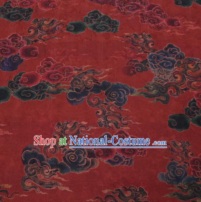 Asian Chinese Classical Auspicious Cloud Pattern Design Dark Red Watered Gauze Fabric Traditional Silk Material