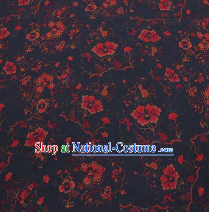 Chinese Cheongsam Classical Flowers Pattern Design Navy Watered Gauze Fabric Asian Traditional Silk Material