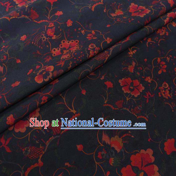 Chinese Cheongsam Classical Flowers Pattern Design Navy Watered Gauze Fabric Asian Traditional Silk Material