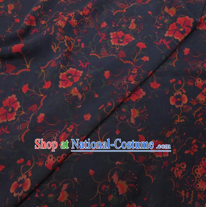 Chinese Cheongsam Classical Flowers Pattern Design Navy Watered Gauze Fabric Asian Traditional Silk Material