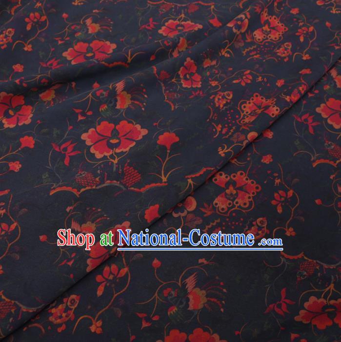 Chinese Cheongsam Classical Flowers Pattern Design Navy Watered Gauze Fabric Asian Traditional Silk Material