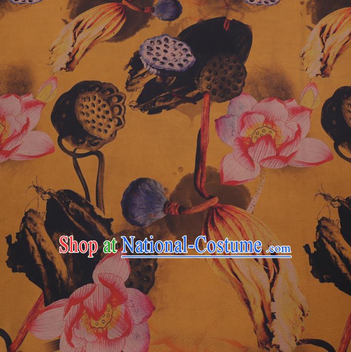 Chinese Cheongsam Classical Lotus Pattern Design Yellow Watered Gauze Fabric Asian Traditional Silk Material