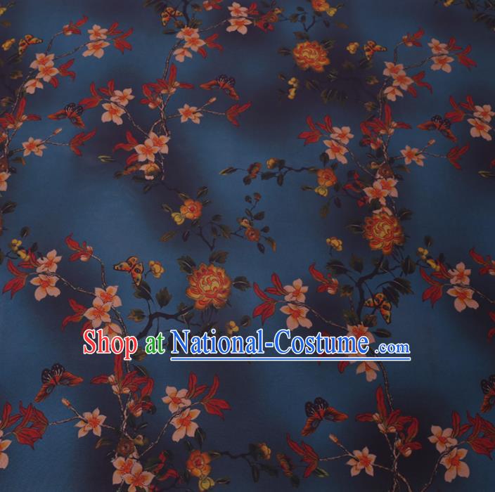 Chinese Cheongsam Classical Rose Pattern Design Navy Watered Gauze Fabric Asian Traditional Silk Material