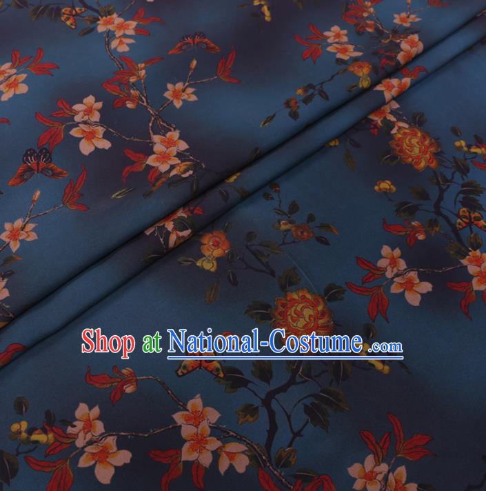 Chinese Cheongsam Classical Rose Pattern Design Navy Watered Gauze Fabric Asian Traditional Silk Material