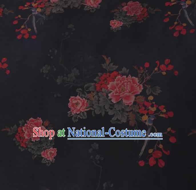 Chinese Cheongsam Classical Peony Bird Pattern Design Black Watered Gauze Fabric Asian Traditional Silk Material