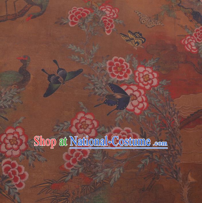 Chinese Cheongsam Classical Flowers Butterfly Pattern Design Ginger Watered Gauze Fabric Asian Traditional Silk Material