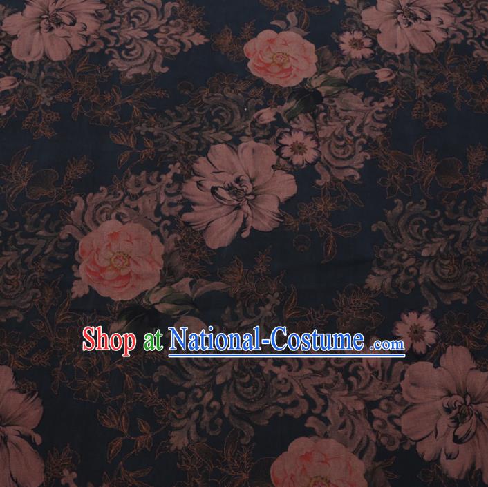 Chinese Cheongsam Classical Camellia Pattern Design Navy Watered Gauze Fabric Asian Traditional Silk Material