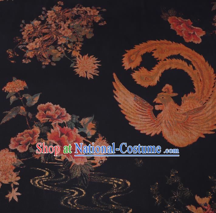 Chinese Cheongsam Classical Phoenix Peony Pattern Design Black Watered Gauze Fabric Asian Traditional Silk Material